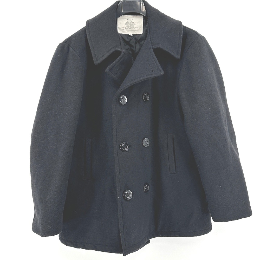 USN Pea Coat Men L Black Solid Regular Fit Wool Double Breasted Military USA